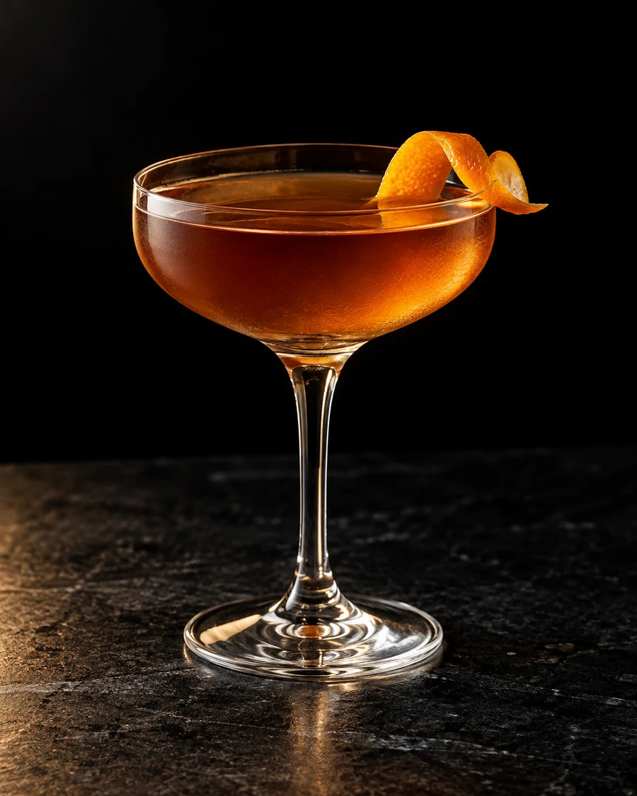 Patois: Amber cocktail in a chilled coupe without ice, with an orange twist.