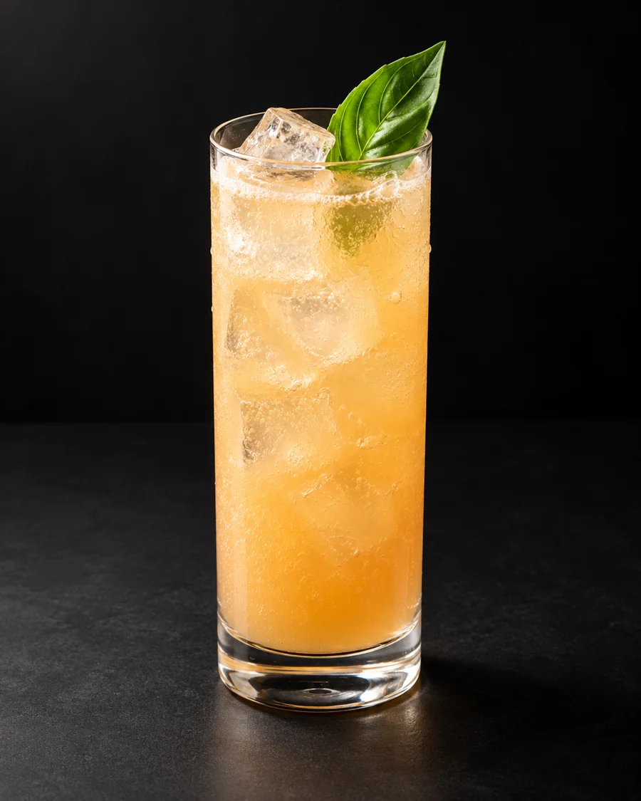 Peach Basil Lemonade served in a collins glass with a basil leaf against a black background.