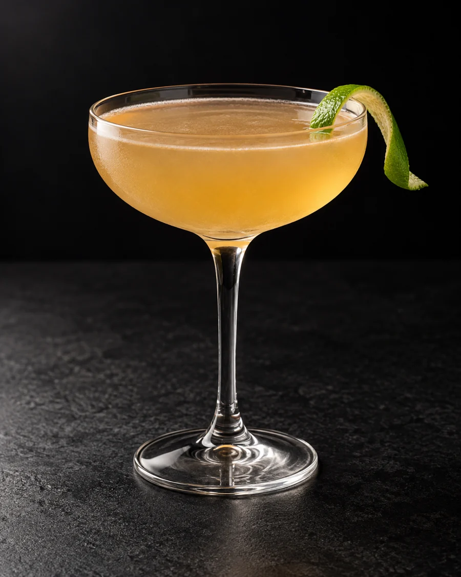 Pale amber Pegu Club in a coupe without ice, finished with a narrow lime twist.