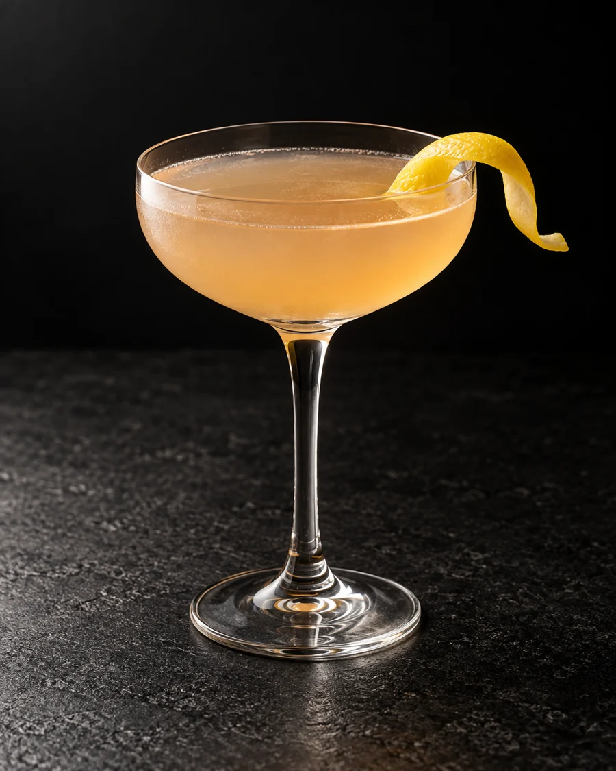 Pale peach-gold Pendennis Club in a coupe, lemon twist, no ice.