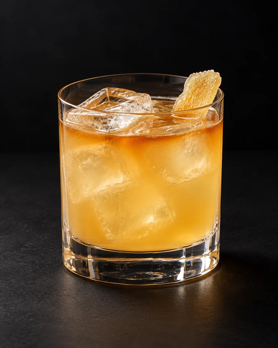 Penicillin served in a rocks glass with a slice of candied ginger against a black background.
