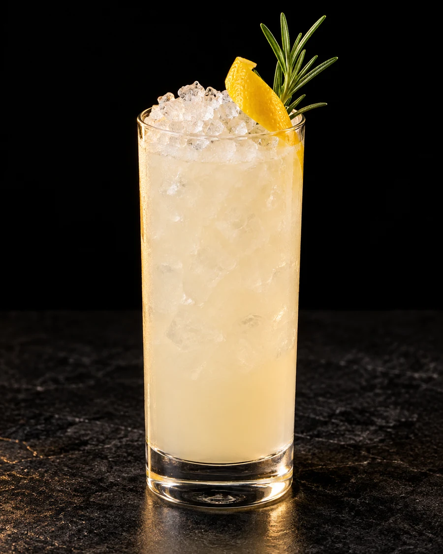 Pernelle in a Collins glass, over crushed ice, garnished with lemon peel and rosemary sprig, against a black background.