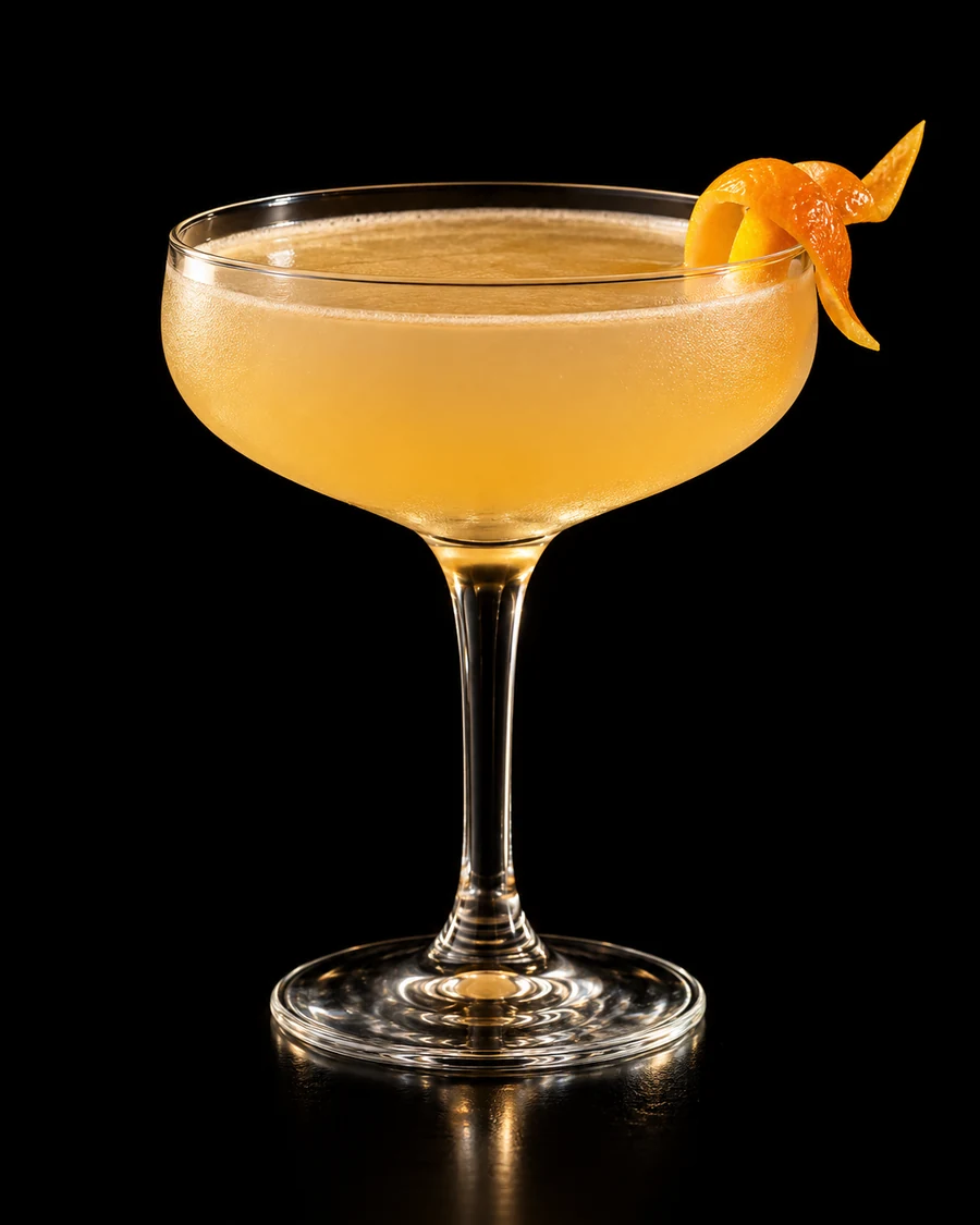 Peruvian Necktie: Cloudy apricot-gold cocktail in a clear coupe with a knotted orange twist, served without ice against a black background.