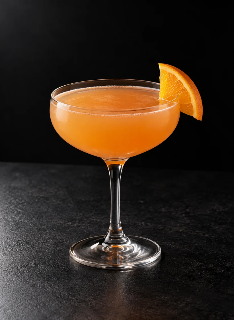 cloudy orange Petit Zinc in a coupe with a small orange wedge, no ice.