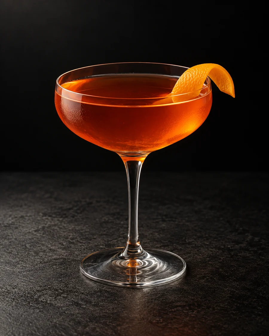 clear orange Petruchio in a coupe with orange twist, no ice.