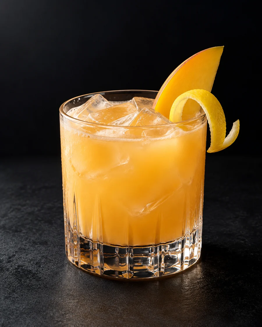 Cloudy pale orange Phoebe’s Sour in a rocks glass over ice cubes with mango slice and lemon twist.