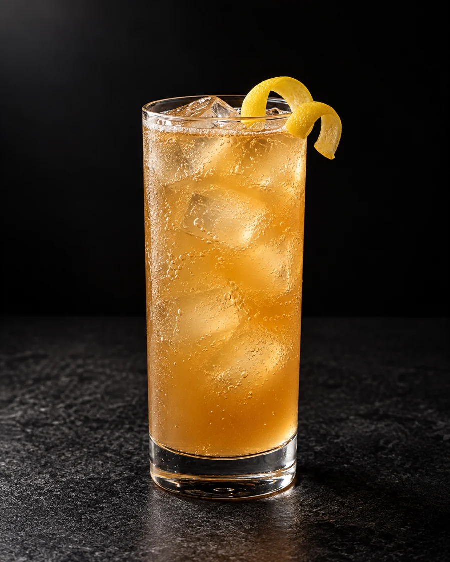 Amber Picket Fence in a Collins glass over ice cubes, light bubbles and lemon twist.