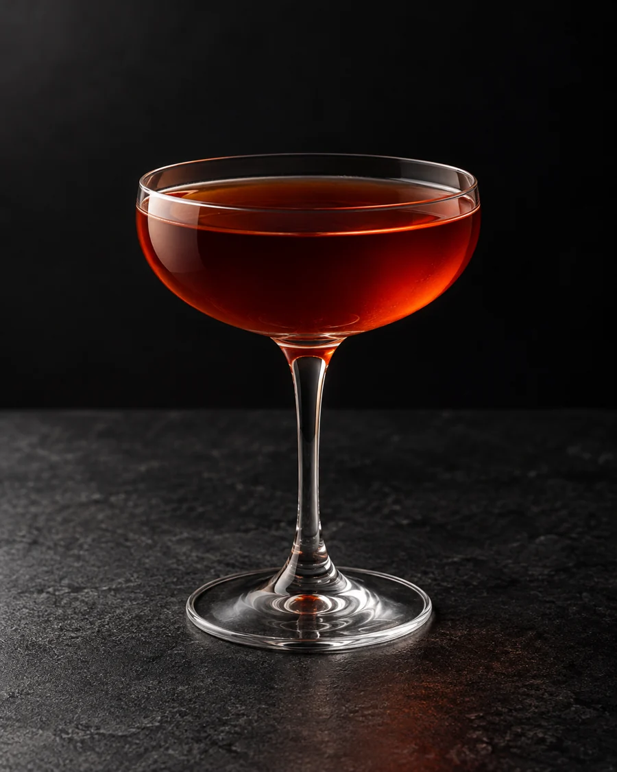 clear deep reddish amber Picon Crémaillère in a coupe without ice or garnish.