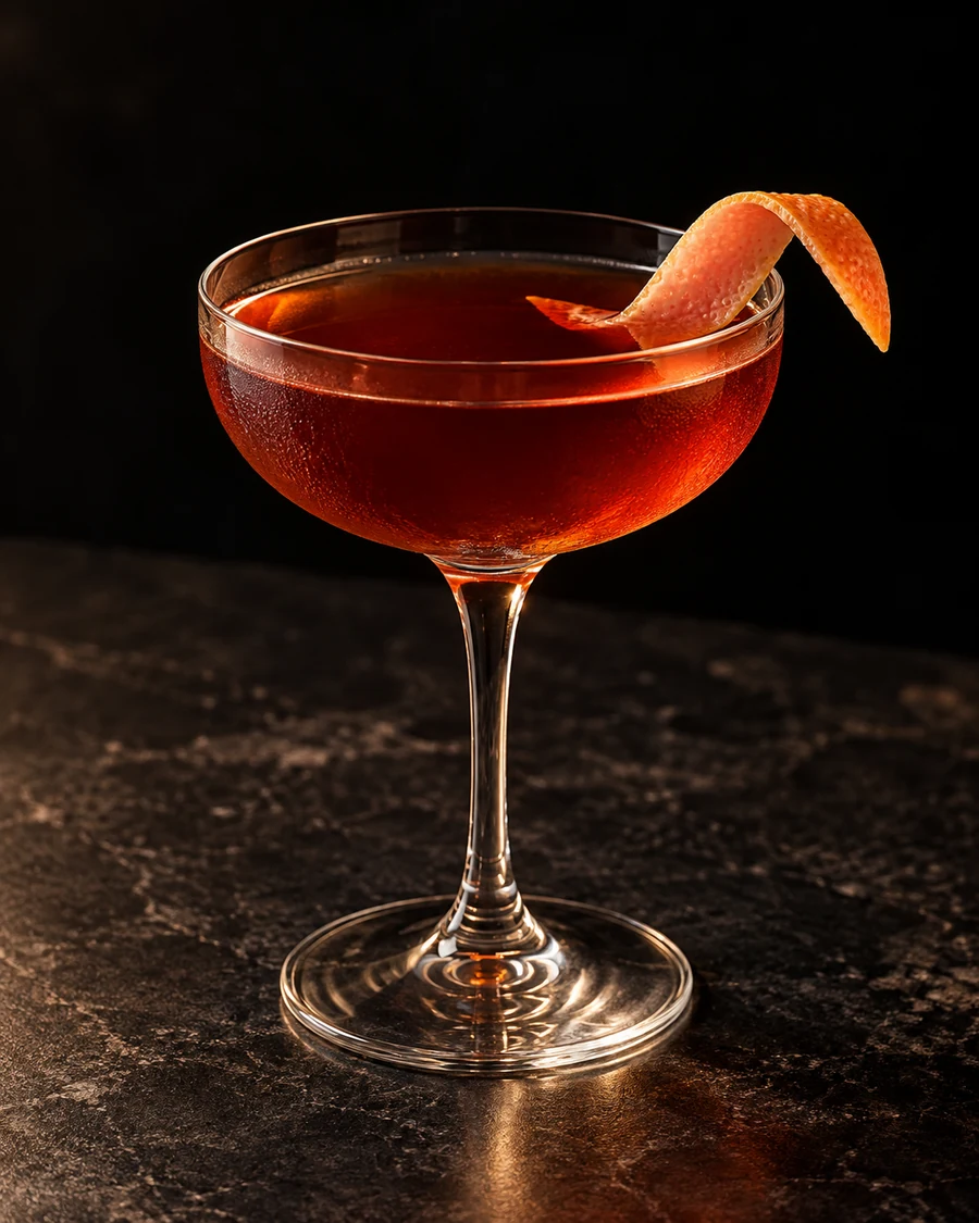 Piglet's Lament: Clear ruby-red cocktail in a stemmed coupe with a pink grapefruit twist, served without ice.