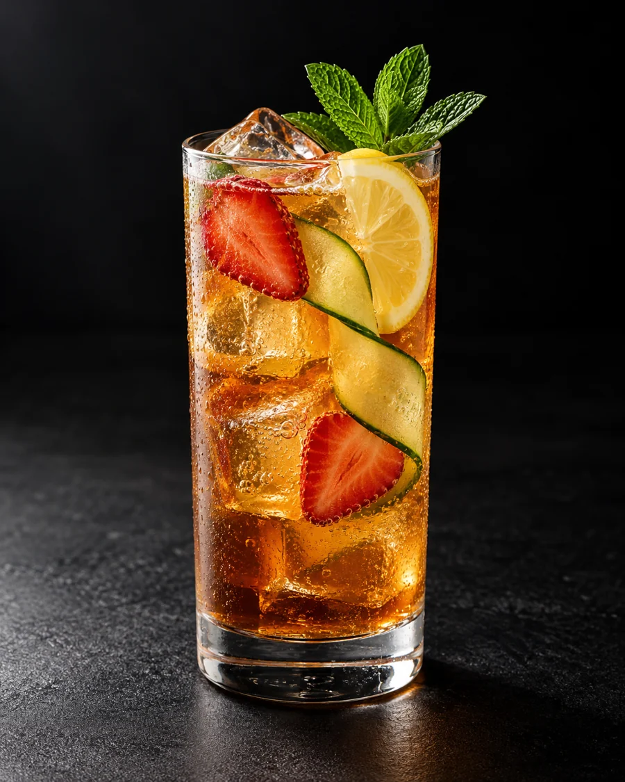 clear amber Pimm’s Cup over ice in a tall highball with lemon, cucumber ribbon, strawberry slices and mint.