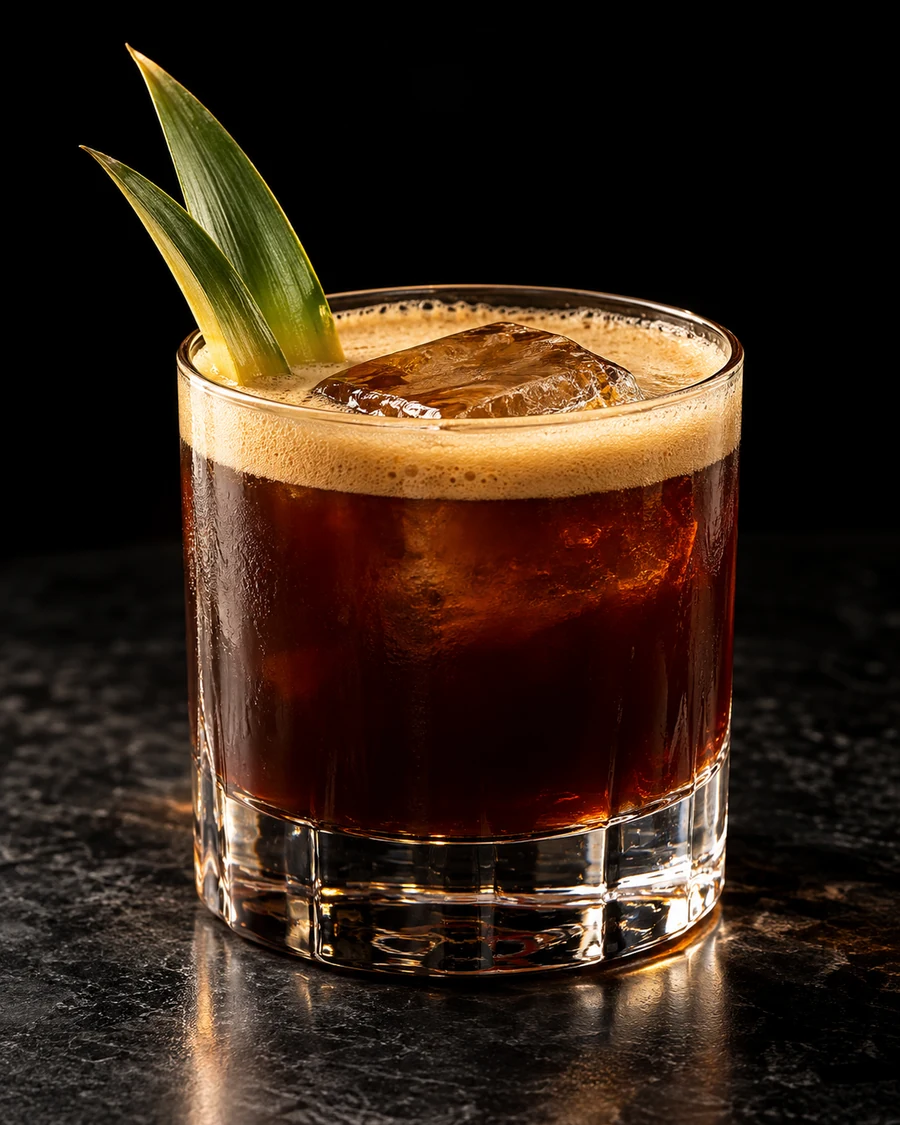 Piña Carajillo. Rocks glass with a dark espresso-mezcal drink, one large ice cube, tan espresso foam and a pineapple frond.