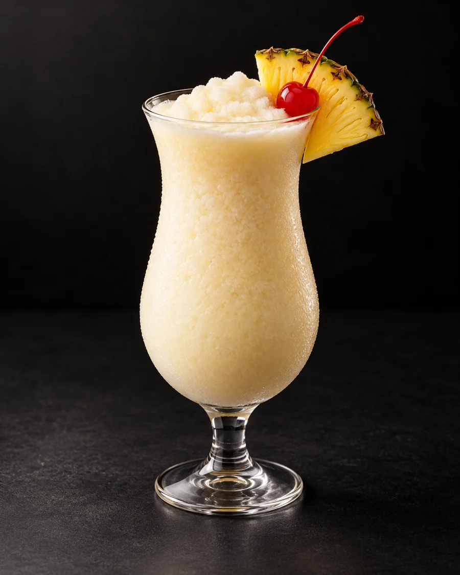 Piña Colada served in a hurricane glass with a pineapple slice and cocktail cherry against a black background.