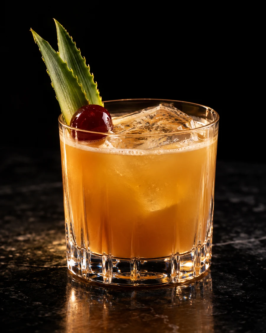 Pineapple Trainwreck. Rocks glass, one large ice cube, cloudy amber-gold pineapple-rum body, pineapple frond and cocktail cherry.