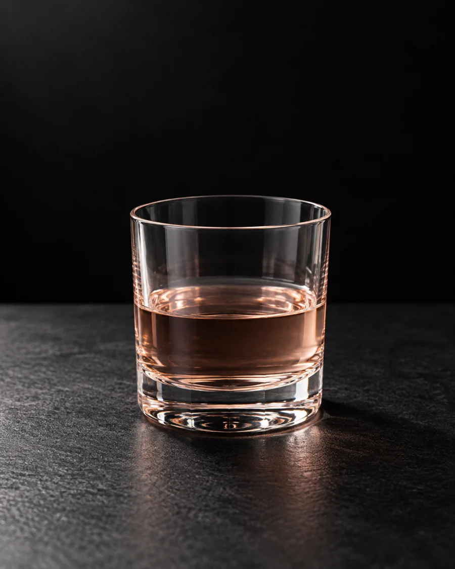 Very pale rosy-amber Pink Gin in a small rocks glass without ice or garnish.