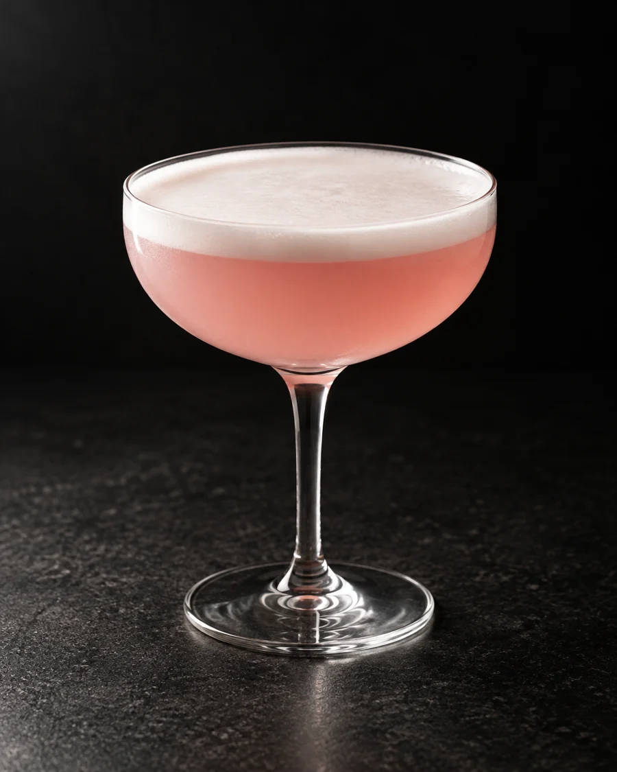 Pale pink Pink Lady in a coupe with a smooth white foam cap, no garnish and no ice.