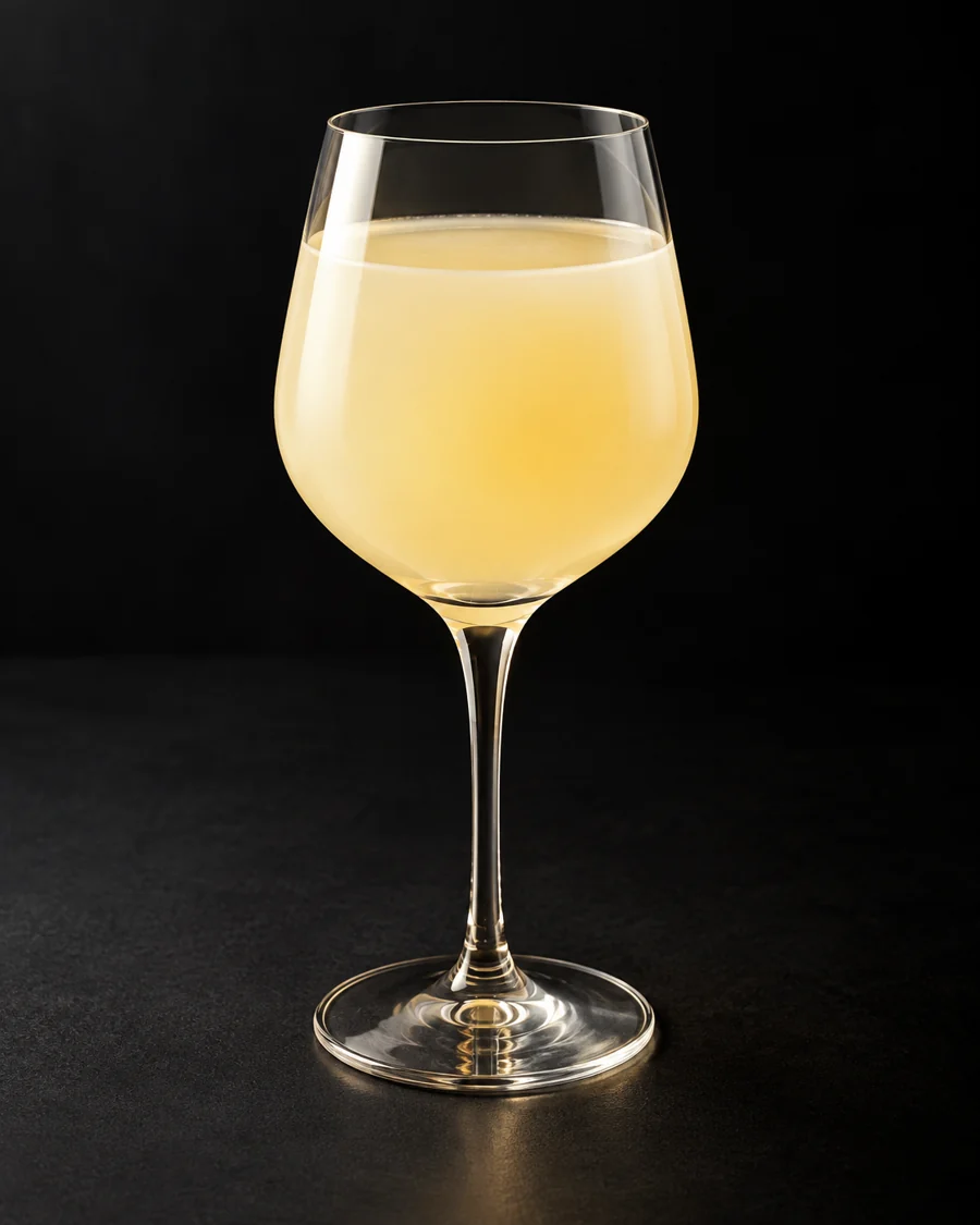 Pisco Punch served in a wine glass against a black background.