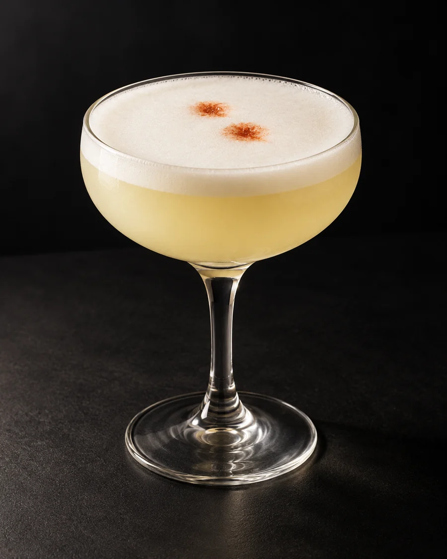 Pisco Sour served in a coupe glass with two dashes of amargo chuncho bitters on the foam against a black background.