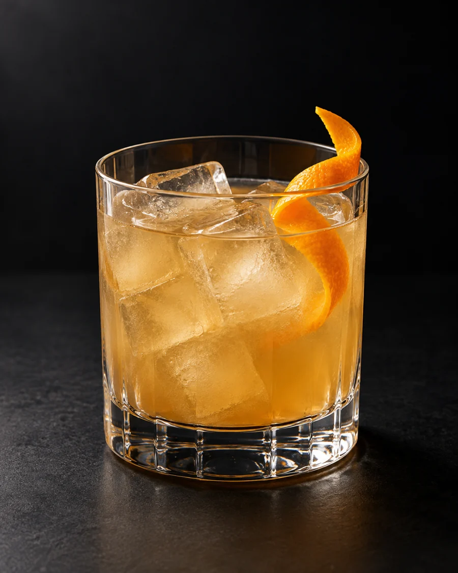 Planters Punch served in a rocks glass with an orange twist against a black background.
