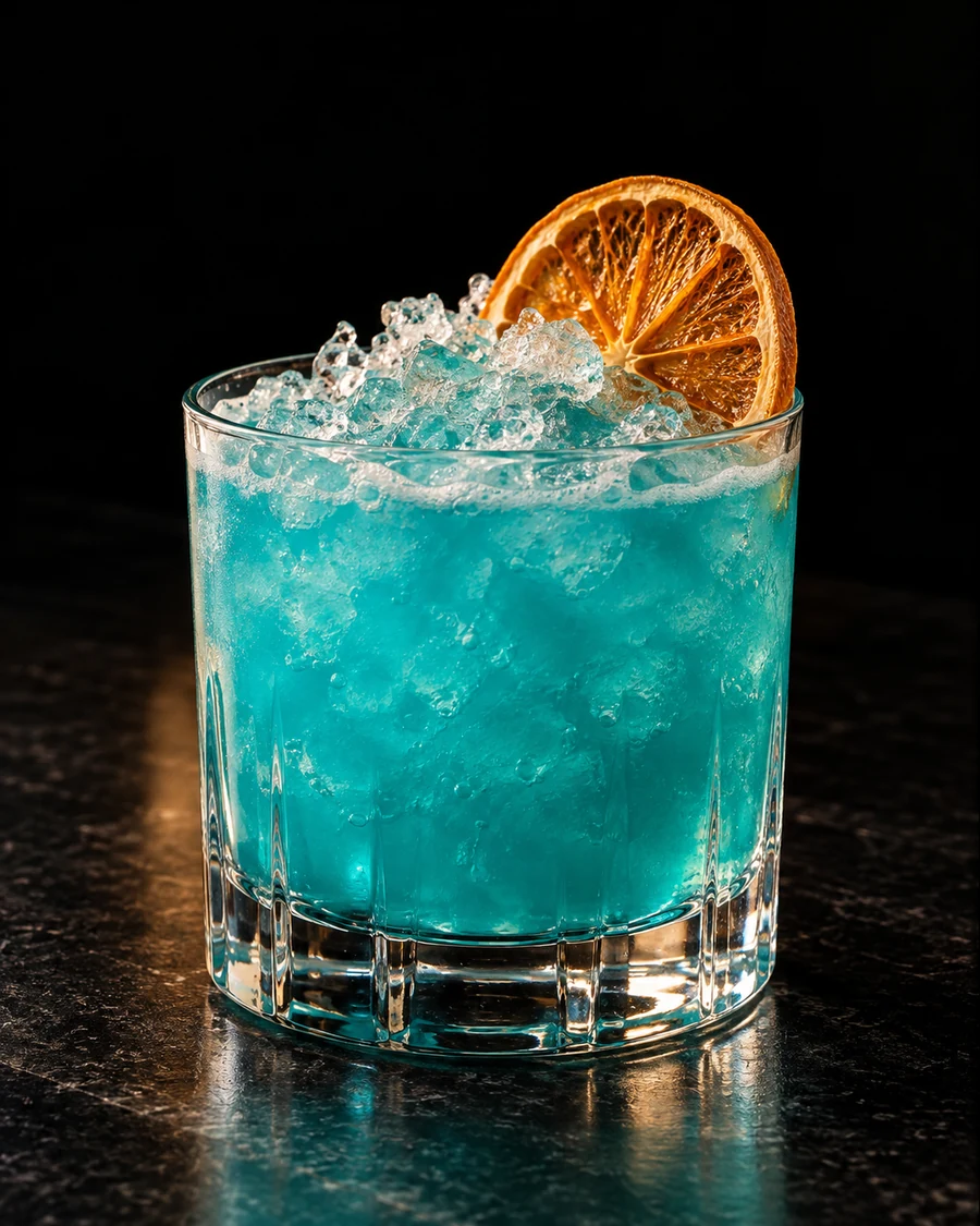 Pluto's Punch. Roomy rocks glass with a turquoise gin-curaçao drink, fresh crushed ice and a dehydrated orange wheel.