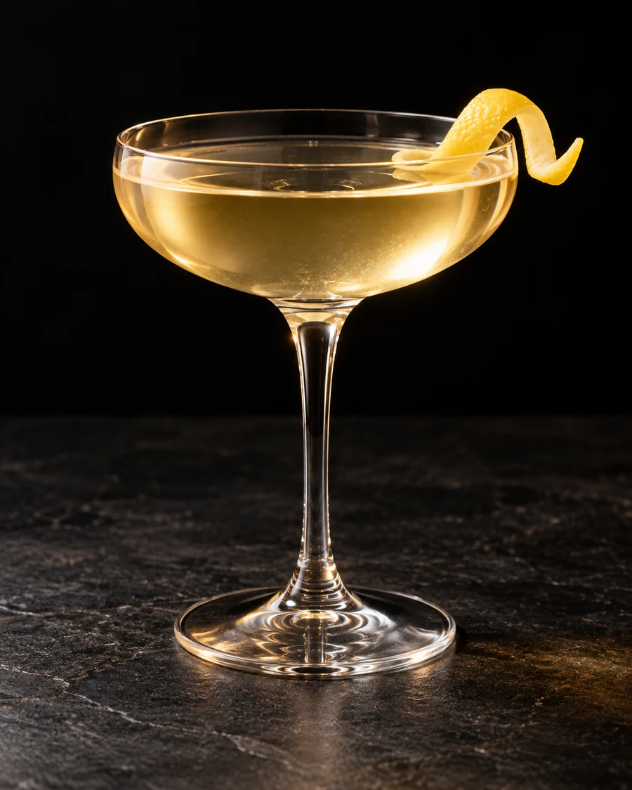 Poet's Dream in a coupe glass, without ice, garnished with lemon twist, against a black background.