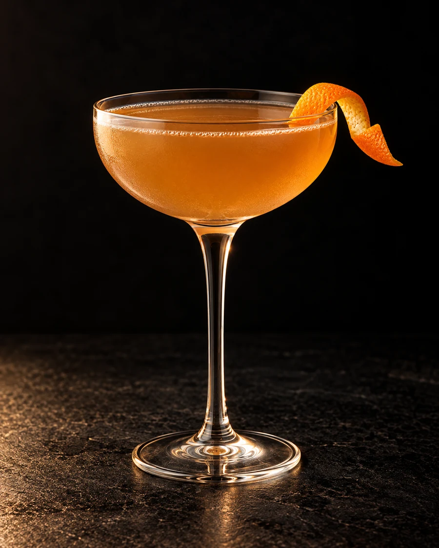 Poke The Bear in a chilled coupe, served without ice, with orange twist, against a black background.