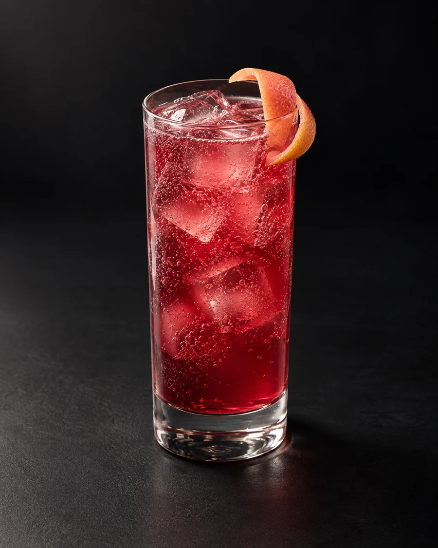 Pomegranate Rosemary Highball served in a highball glass with a grapefruit twist against a black background.