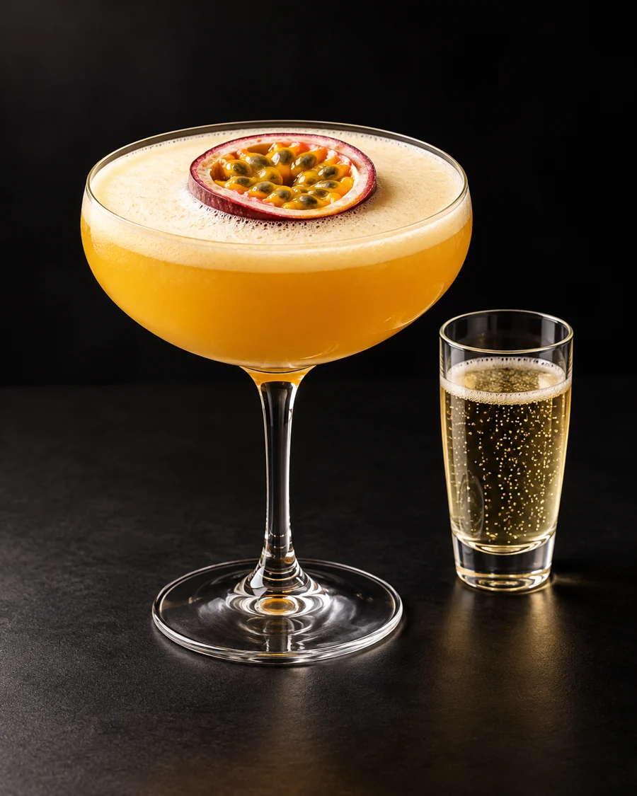 Porn Star Martini served in a coupe glass with half a passion fruit against a black background.