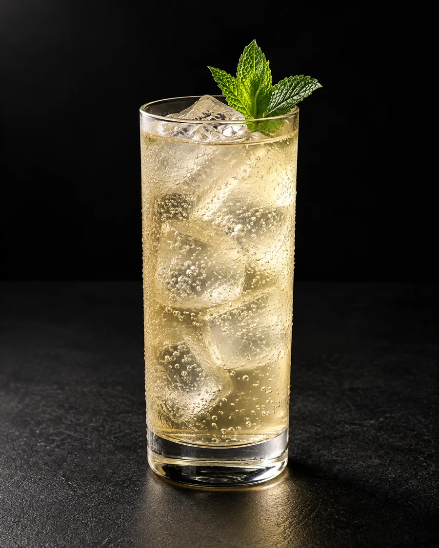 Pale straw-colored bubbly highball over cubed ice with a green mint sprig.