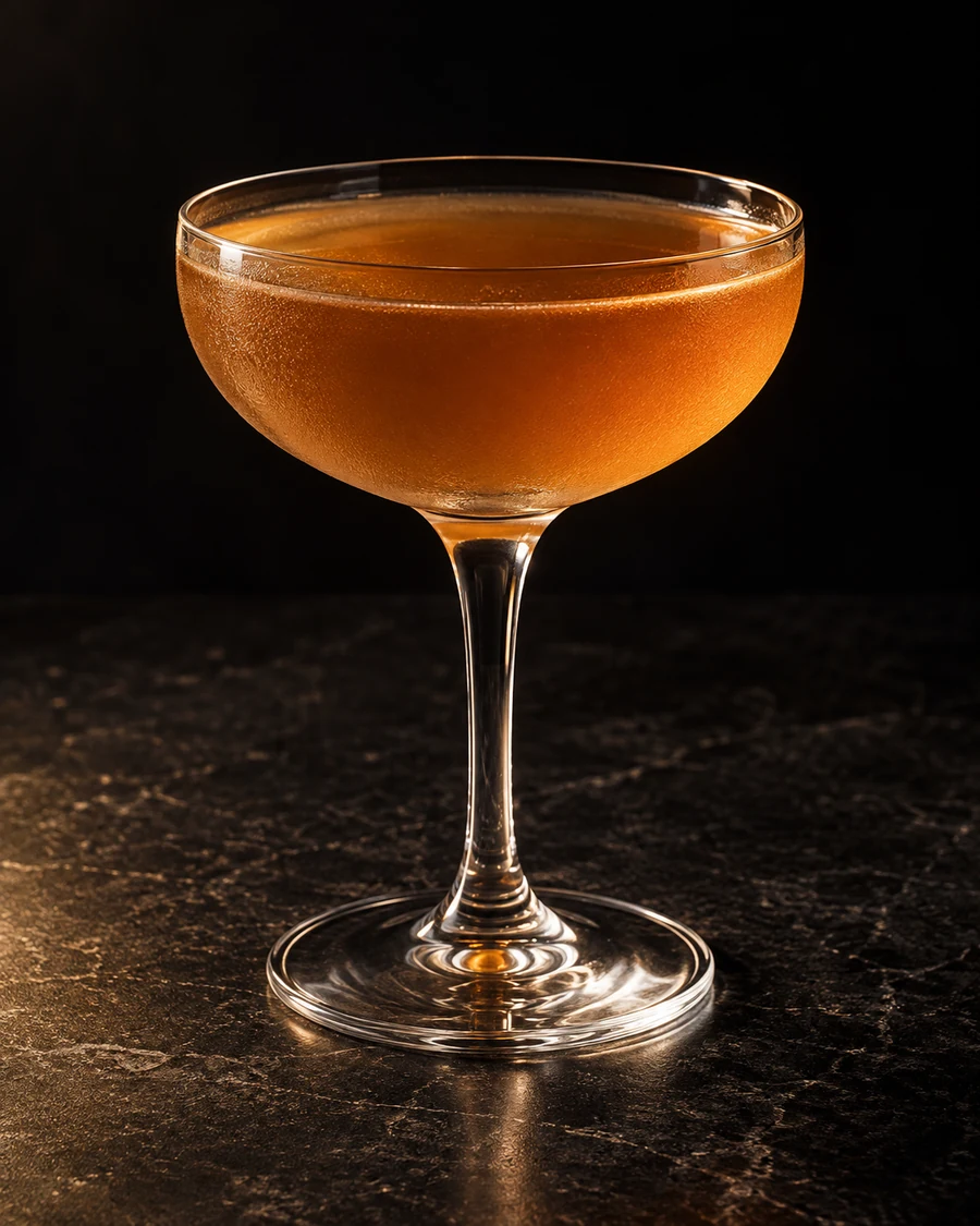 Powderhouse: Amber cocktail in a chilled coupe, served without ice or garnish.