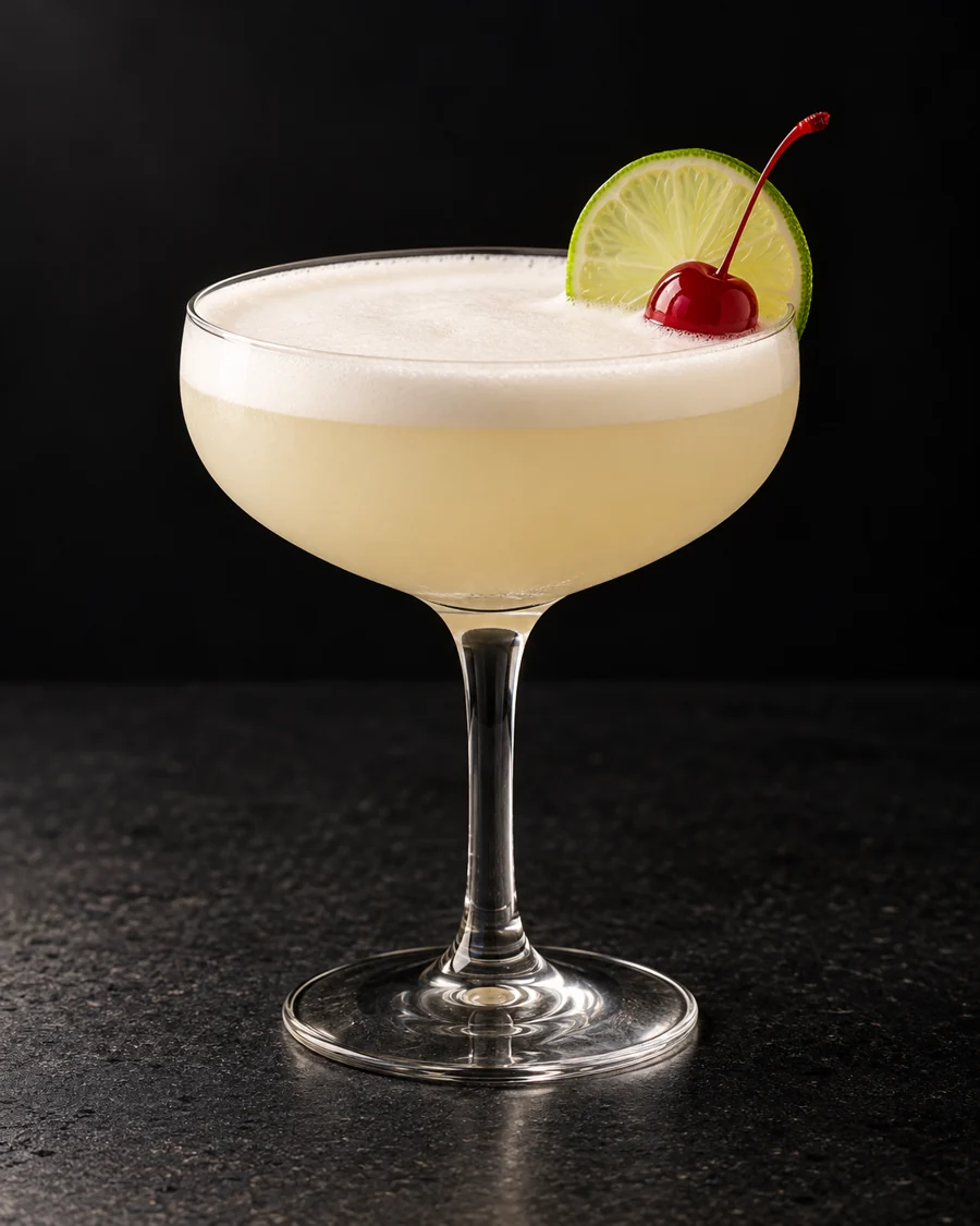 pale ivory Prado in a coupe with white foam, cherry and lime wheel, no ice.