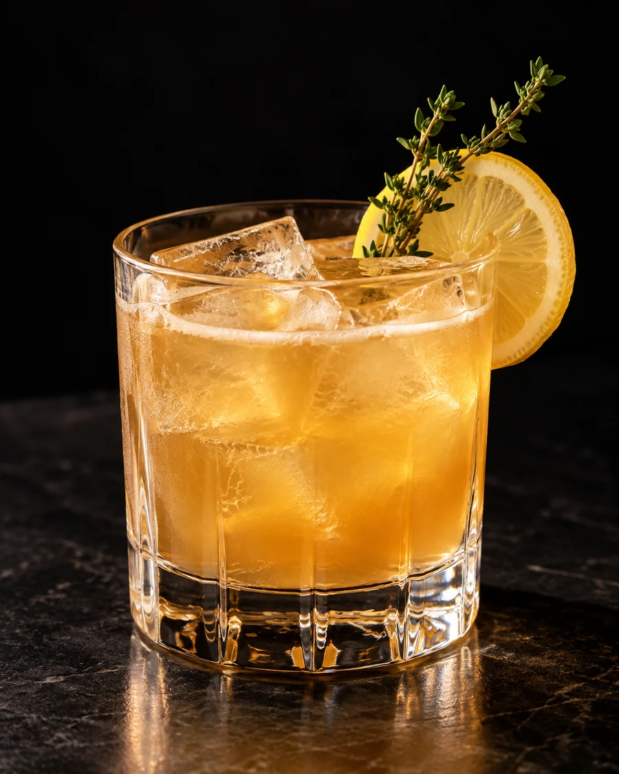 Prescription Strength. Rocks glass, fresh cubed ice, golden scotch/ginger/lemon body, lemon wheel and thyme sprig.
