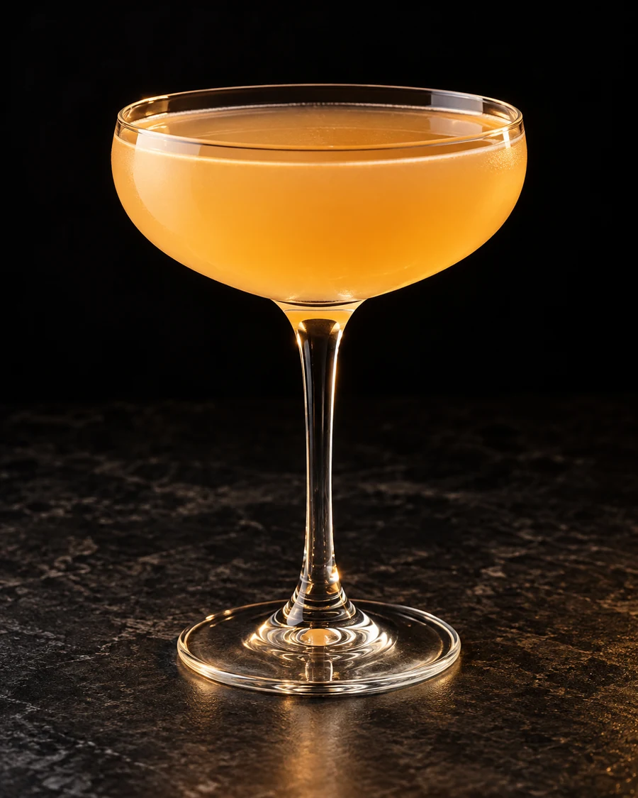 Prohibition in a coupe glass, without ice, ungarnished, against a black background.