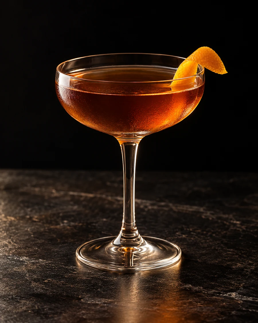 Provocateur: Clear amber cocktail in a stemmed coupe with an orange twist, served without ice.