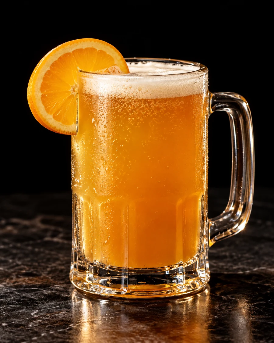 Pulp Fiction. Clear beer mug with a hazy golden-orange beer cocktail, modest white beer head, no ice and an orange wheel.