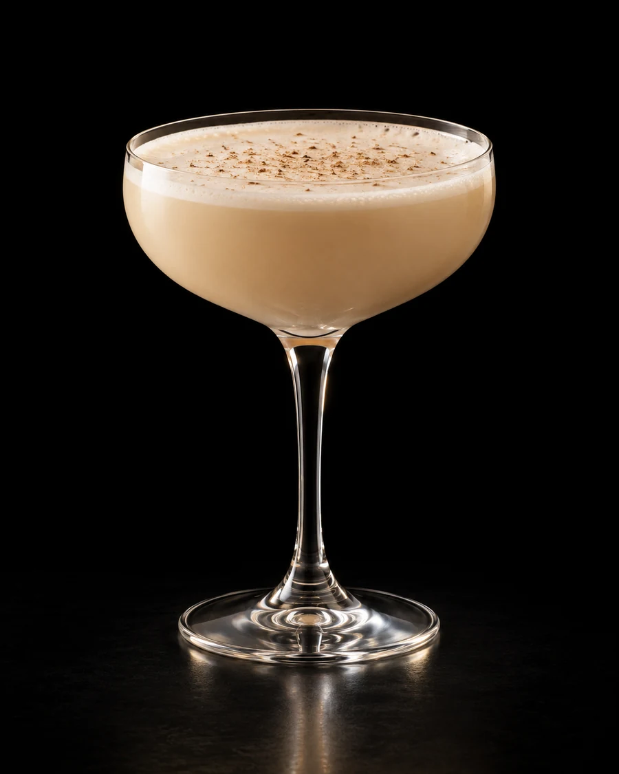Punsch Alexander in a coupe, serve without ice, with grated nutmeg, against a black background.
