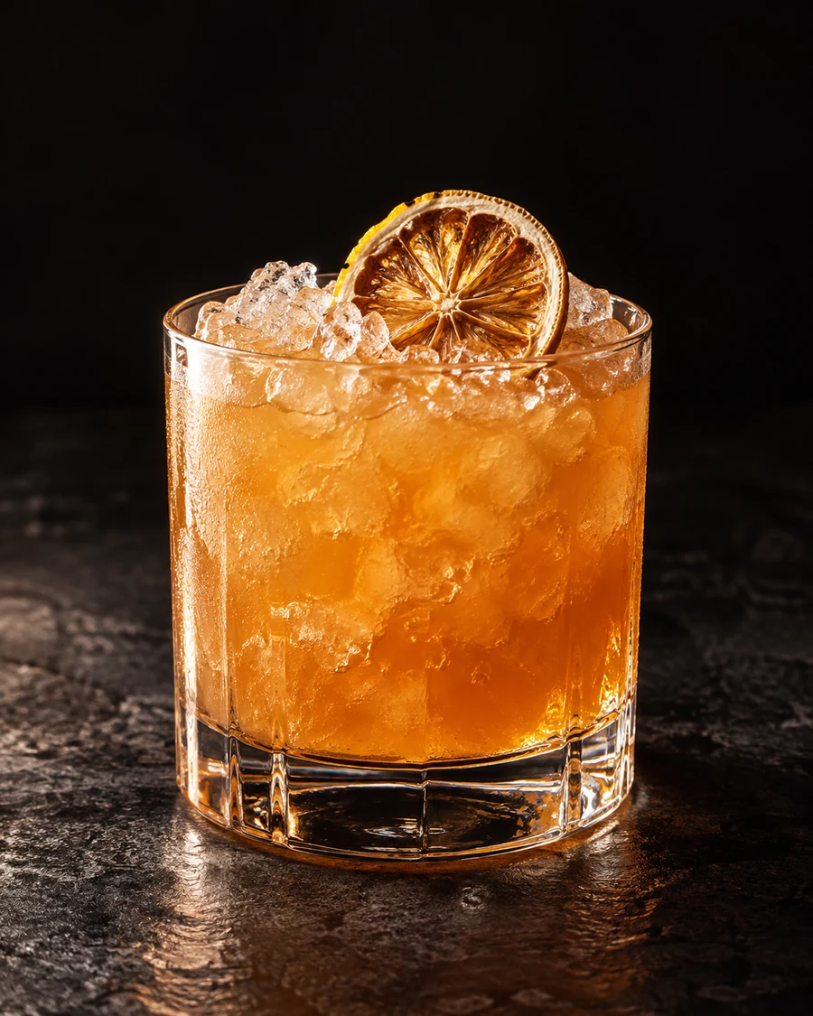 Queen Anne's Revenge: Orange-gold cocktail in a rocks glass packed with crushed ice and a dried lemon wheel.