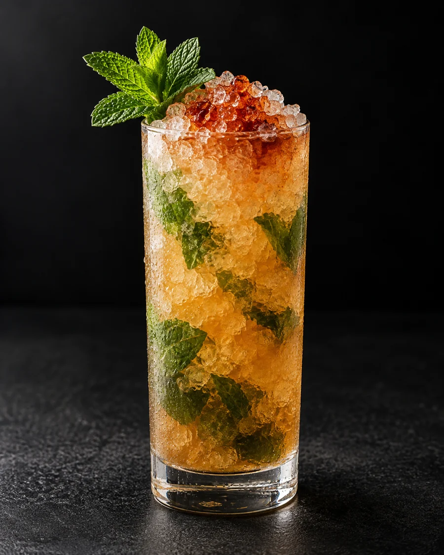 Golden-brown Queen’s Park Swizzle in a highball packed with crushed ice, mint leaves within, dark bitters cap and mint sprig.