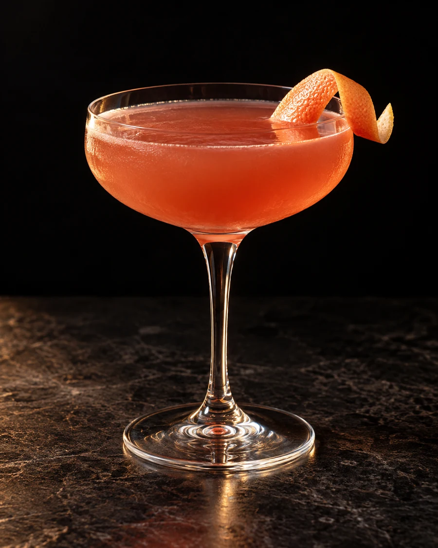Quetzal: Cloudy pink-coral cocktail in a chilled coupe without ice, with a grapefruit twist.