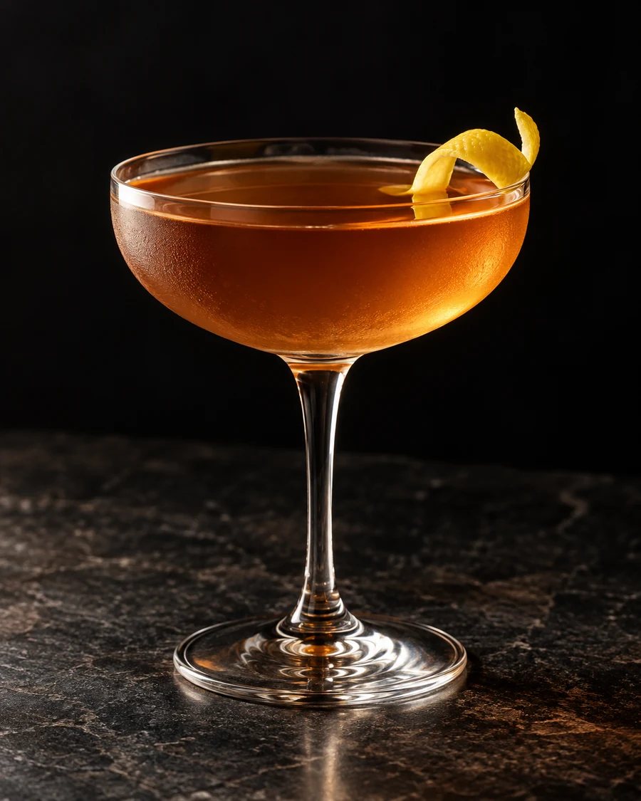 Quimbois: Clear amber cocktail in a chilled coupe without ice, with a curled lemon twist.