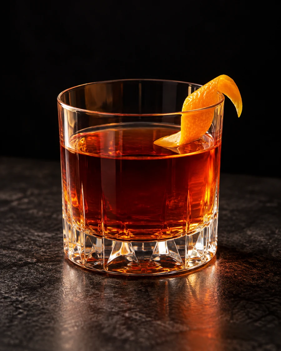 Rachel Wall: Deep amber drink in a rocks glass, orange twist and no serving ice.