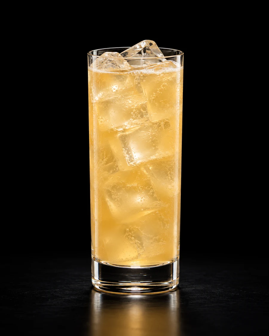 Raffles Cocktail in a collins, fresh cubed ice for service, with no garnish, against a black background.
