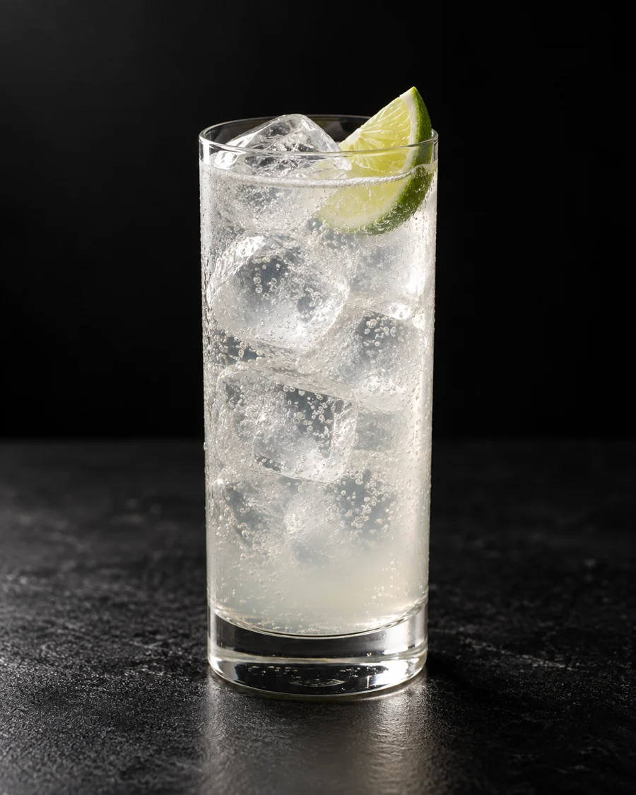 Nearly clear Ranch Water in a Collins glass over ice cubes with a lime wedge.