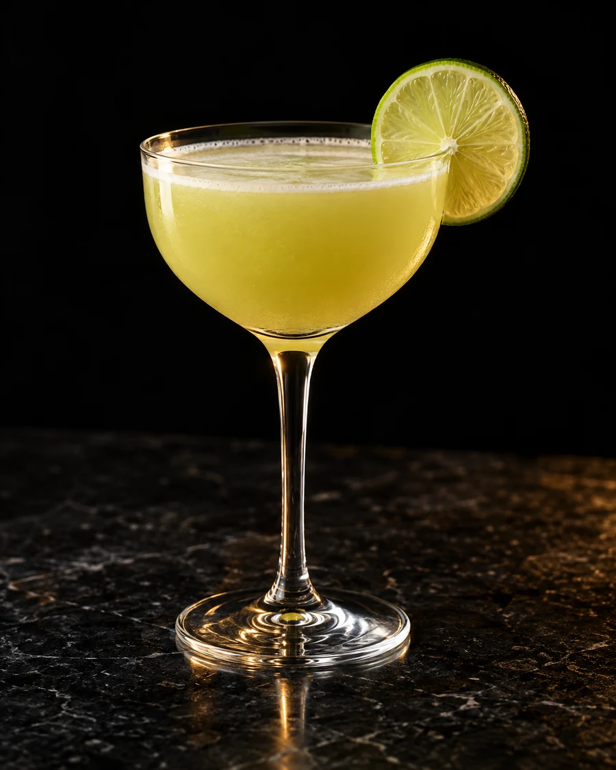 Real Charmer's Daiquiri. Nick & Nora glass without serving ice, green-gold Chartreuse/coconut-lime drink and lime wheel.