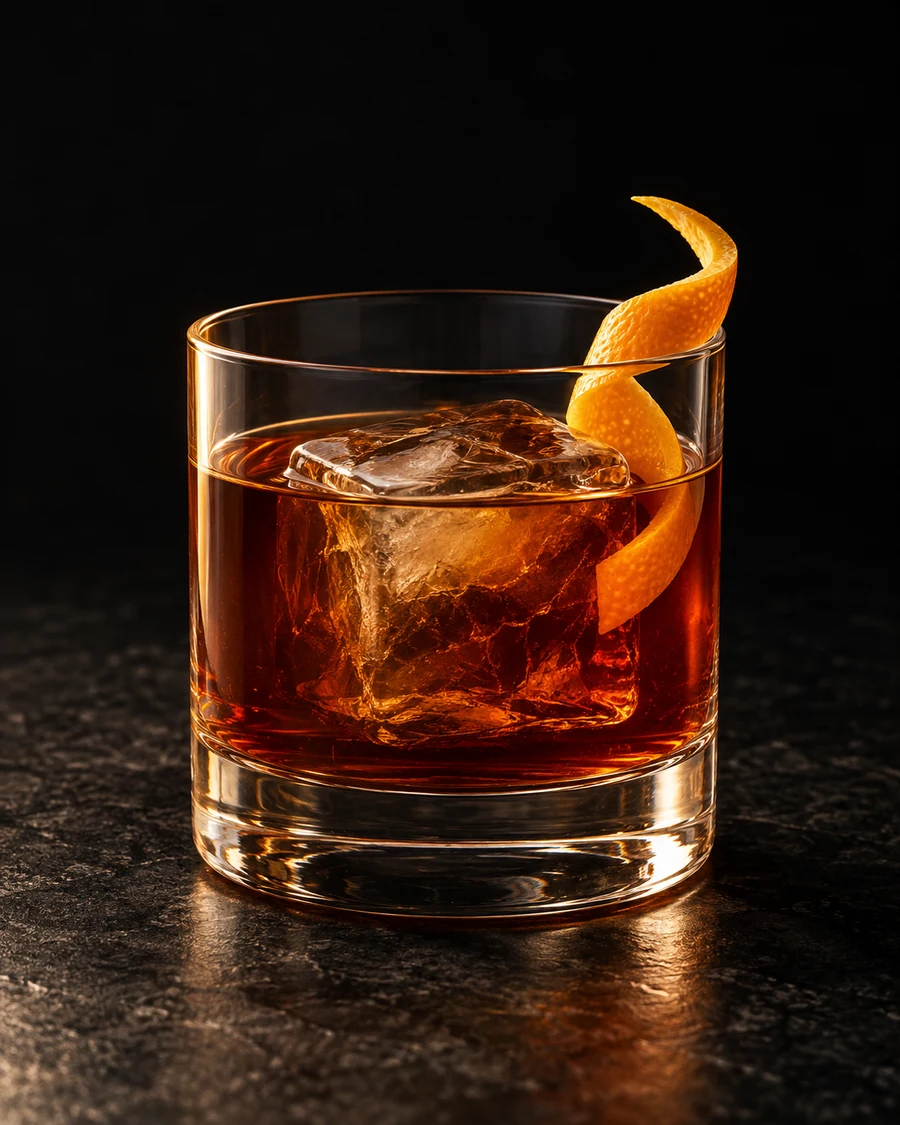 Red Legs in a rocks glass, over one large ice cube, with orange twist, against a black background.