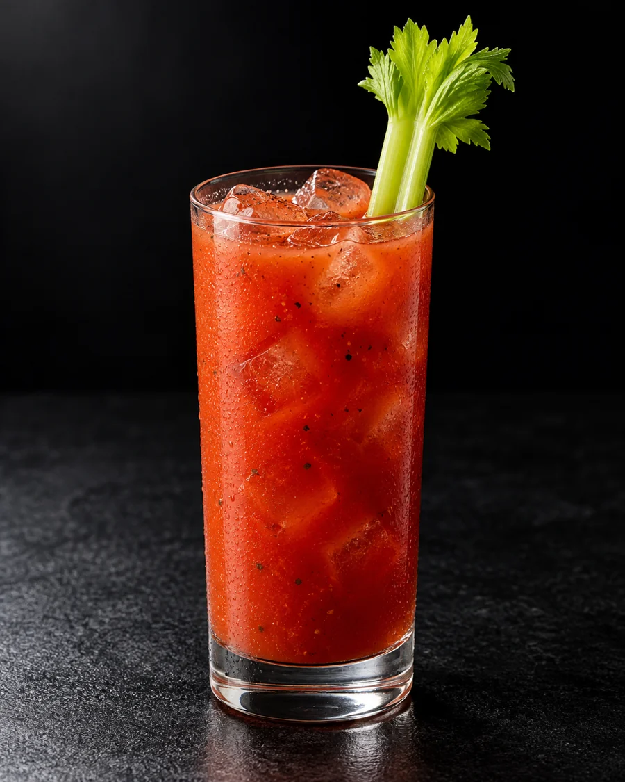 Opaque tomato-red Red Snapper over ice in a highball with a celery stalk and tiny pepper flecks.
