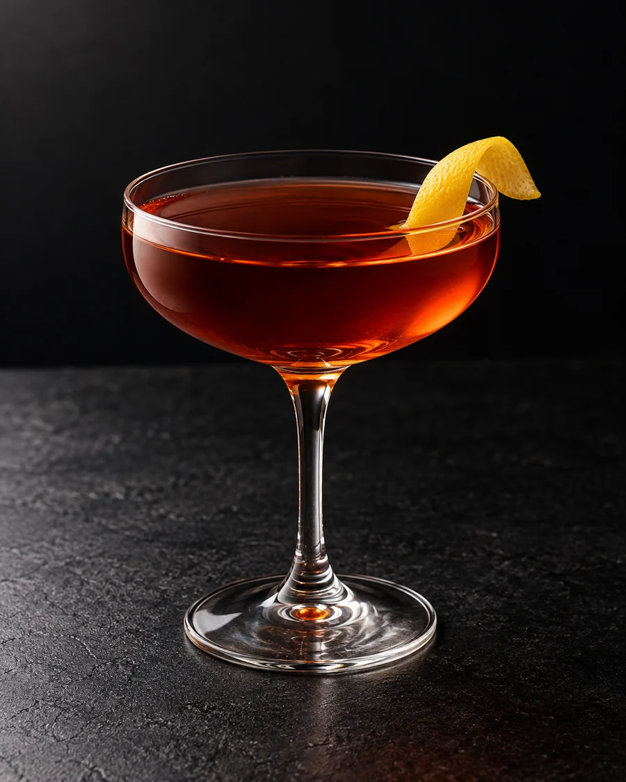clear amber-red Renaissance in a coupe with lemon twist, no ice.