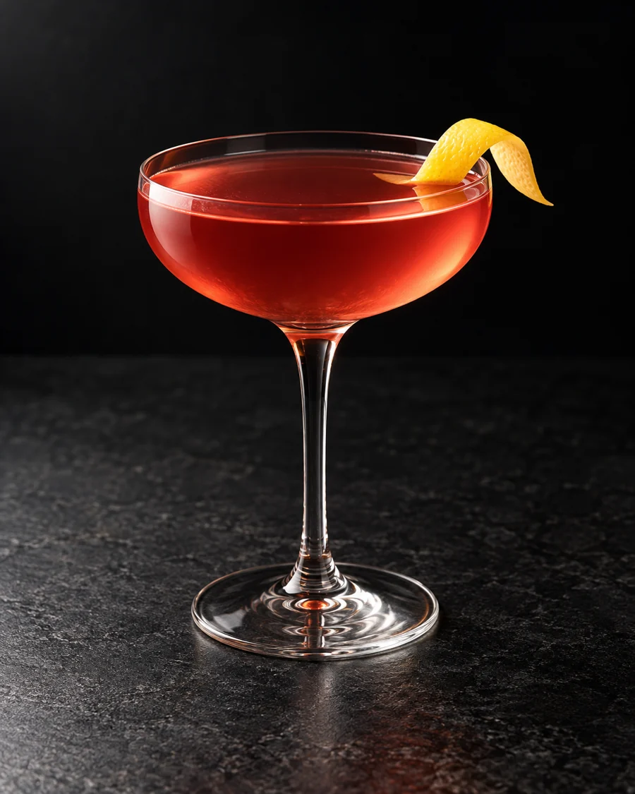 clear pale coral-red Rendezvous in a coupe with lemon twist, no ice.