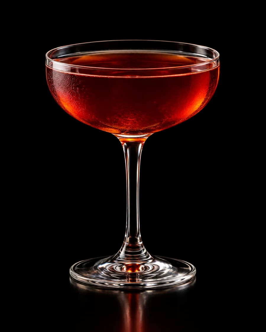 René Barbier: Clear ruby-amber cocktail in a coupe, served without ice or visible garnish against a black background.