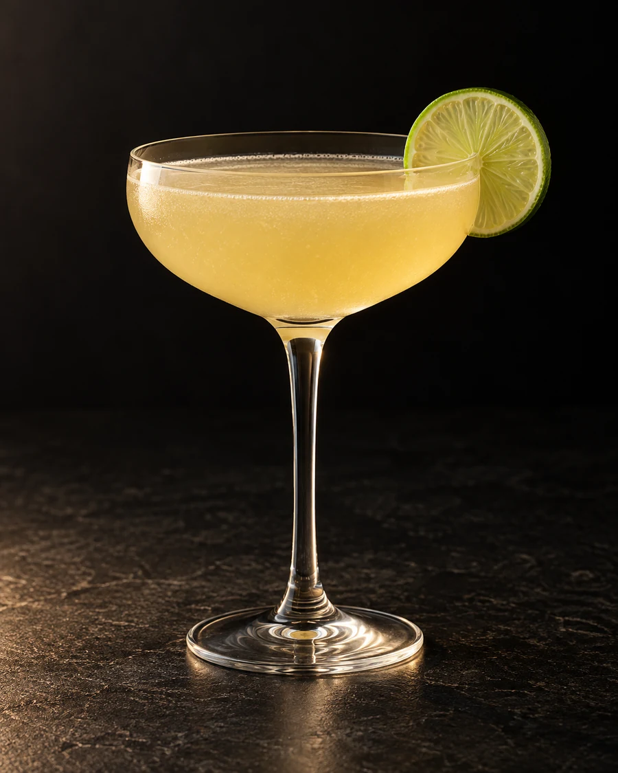 Reverend Wise in a chilled coupe, served without ice, with lime wheel, against a black background.
