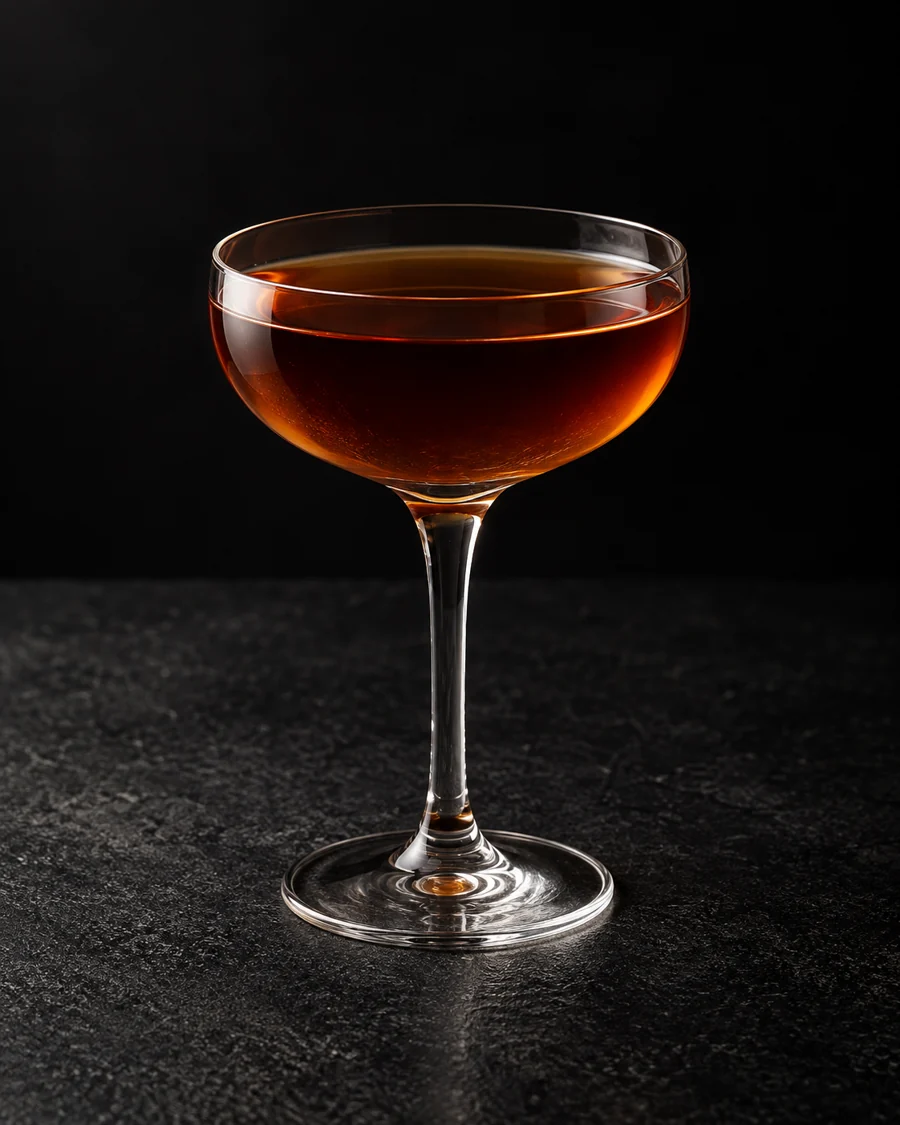 Clear deep brown cocktail in a coupe, no ice, no smoke and no garnish.